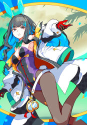 1girl bare_shoulders black_leotard breasts brown_pantyhose cleavage colored_inner_hair eyeliner fate/grand_order fate_(series) gloves grey_eyes highres kamesan231 leotard long_hair long_sleeves looking_at_viewer makeup multicolored_hair open_mouth pantyhose playboy_bunny solo tenochtitlan_(fate) tenochtitlan_(swimsuit_mooncancer)_(fate) tenochtitlan_(swimsuit_mooncancer)_(third_ascension)_(fate)