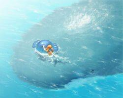 1girl afloat bandana brown_hair evolutionary_line from_above gen_3_pokemon may_(pokemon) nintendo ocean pokemon pokemon_(creature) pokemon_rse red_bandana red_shirt ripples shadow shirt short_sleeves swimming wailmer wailord yuza