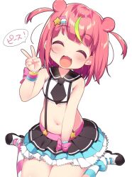 Rule 34 | 1girl, arm between legs, asymmetrical legwear, bare shoulders, black necktie, black sailor collar, black skirt, blue skirt, bow, bracelet, breasts, closed eyes, commentary request, crop top, double bun, facing viewer, fang, green hair, hair bun, hair ornament, hand up, head tilt, highres, hoshimiya gumi, indie virtual youtuber, jewelry, layered skirt, medium hair, midriff, mismatched legwear, msp sammy, multicolored hair, navel, necktie, open mouth, pink bow, pink hair, pink thighhighs, sailor collar, shirt, shooting star hair ornament, simple background, sitting, skirt, small breasts, smile, solo, speech bubble, star (symbol), star hair ornament, streaked hair, striped clothes, striped thighhighs, suspender skirt, suspenders, thighhighs, translation request, two-tone hair, two side up, v, vertical-striped clothes, vertical-striped thighhighs, virtual youtuber, wariza, white background, white footwear, white shirt, white skirt, white thighhighs, wrist bow