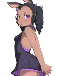 Rule 34 | 1girl, animal ears, arms behind back, backless dress, backless outfit, black dress, black hair, blush, breasts, commentary request, cowboy shot, dark-skinned female, dark skin, dress, drill hair, expressionless, forehead, hair ribbon, hanoyama, looking at viewer, looking to the side, medium hair, open mouth, own hands together, purple eyes, purple ribbon, rabbit and steel, rabbit ears, rabbit girl, ribbon, short dress, simple background, small breasts, solo, spellsword rabbit, twin drills, twintails, white background