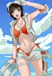 1girl adjusting_goggles armpits bikini blue_sky breasts brown_eyes brown_hair cleavage cloud cloudy_sky cowboy_shot cropped_hoodie elbow_pads final_fantasy final_fantasy_vii final_fantasy_vii_ever_crisis fingerless_gloves gloves goggles goggles_on_head highres holding holding_swim_ring hood hood_down hoodie innertube light_blush medium_breasts midriff navel necktie ocean official_alternate_costume open_fly open_mouth orange_bikini short_hair shorts sideboob single_elbow_pad sketch sky solo sweatdrop swim_ring swimsuit thigh_strap vani_(hisha_04) wet white_gloves white_hoodie white_shorts yuffie_kisaragi yuffie_kisaragi_(summer_orange)