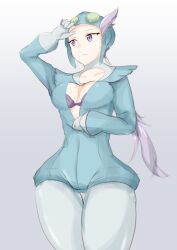 1girl 9_9bird ass blue_suit blue_unitard bra breasts cleavage collarbone formal_clothes furrowed_brow gloves hair_wings helmet highres large_breasts long_hair nintendo pilot_helmet pilot_suit pokemon pokemon_oras ponytail purple_bra purple_eyes purple_hair solo suit sweatdrop underwear unitard unzipping winona_(pokemon)