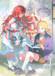 1boy 1girl absurdres aged_down blonde_hair blue_eyes book brown_shorts commission dress flower frills green_eyes guozi375 highres holding holding_book jacket johan_liebert kneehighs long_hair long_sleeves mary_janes monster_(manga) oc_x_canon open_book original outdoors red_hair shoes short_hair shorts sitting smile socks vest white_dress