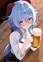 Rule 34 | 1girl, alcohol, beer, black skirt, blue hair, blush, bow, cup, ganyu (genshin impact), genshin impact, highres, holding, holding cup, horns, long hair, looking at viewer, nose blush, office lady, purple eyes, shirt, sidelocks, signature, sitting, skirt, smile, solo, table, teeth, ton ton tontoro, white shirt