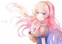 Rule 34 | 1girl, aqua nails, black shirt, blue eyes, blush, breasts, check commentary, collared shirt, commentary request, detached sleeves, dot nose, eyelashes, floating hair, from side, hair between eyes, hand up, headphones, headset, highres, long hair, looking at viewer, looking back, lyrics, medium breasts, megurine luka, namamake, no logic (vocaloid), parted lips, pink hair, shirt, shoulder tattoo, sidelocks, single bare shoulder, single detached sleeve, sleeveless, sleeveless shirt, solo, song name, tattoo, upper body, vocaloid, white background