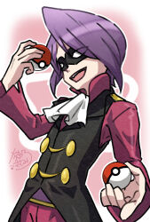 1boy :d ascot black_vest collared_shirt commentary_request domino_mask head_tilt high_collar highres holding holding_poke_ball long_sleeves male_focus mask nintendo open_mouth outline pants poke_ball poke_ball_(basic) pokemon pokemon_hgss purple_hair sasami_642 shirt signature smile solo teeth upper_teeth_only vest white_ascot will_(pokemon)