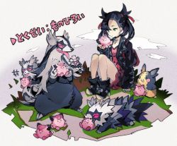 1girl backpack bag black_hair clefairy doll dress evolutionary_line fangs galarian_form galarian_linoone galarian_zigzagoon gameplay_mechanics gen_1_pokemon gen_3_pokemon gen_8_pokemon green_eyes happy jacket kantarou_(8kan) linoone marnie_(pokemon) morpeko morpeko_(full) nintendo pokemon pokemon_(creature) pokemon_ability pokemon_swsh sitting tongue tongue_out translated twintails zigzagoon