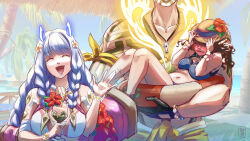 Rule 34 | 1boy, 2girls, bikini, blue bikini, blue hair, breasts, carrying, carrying person, closed eyes, cup, eikthyrnir (fire emblem), eikthyrnir (summer) (fire emblem), female kiran (fire emblem), fire emblem, fire emblem heroes, french commentary, heidrun (fire emblem), heidrun (summer) (fire emblem), highres, holding, holding cup, innertube, kenmei slg, kiran (fire emblem), large breasts, long hair, multiple girls, nintendo, open mouth, princess carry, swim ring, swimsuit, waving, white bikini