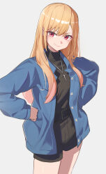 1girl belt black_belt black_shirt black_shorts blonde_hair blue_jacket closed_mouth commentary cowboy_shot cross cross_necklace gyaru hands_on_own_hips highres jacket jewelry kitagawa_marin long_hair long_sleeves looking_at_viewer necklace open_clothes open_jacket red_eyes reulem shirt short_shorts shorts simple_background smile solo sono_bisque_doll_wa_koi_wo_suru turtleneck turtleneck_shirt white_background