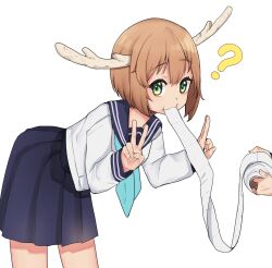 Rule 34 | 1girl, 1other, ?, absurdres, antlers, bent over, blue neckerchief, blue sailor collar, blue skirt, brown hair, closed mouth, confused, deer antlers, deer girl, dot nose, double v, eating, eyebrows hidden by hair, eyelashes, feet out of frame, from side, green eyes, hands up, highres, holding, holding paper, horns, long sleeves, looking at viewer, looking to the side, medium hair, meemz a, neckerchief, paper, sailor collar, school uniform, shikanoko noko, shikanoko nokonoko koshitantan, shirt, simple background, skirt, solo focus, standing, v, w arms, wavy mouth, white background, white shirt