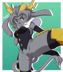 1girl animal_ears animal_nose armpits black_shirt blue_eyes bottomless breasts buttons crotch furry furry_female grey_fur highres horns kicking medium_breasts nanaeljustice no_panties no_pants pseudoregalia rabbit_ears shirt simple_background sybil_(pseudoregalia) tail thick_eyebrows wide_hips