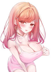 Rule 34 | 1girl, absurdres, ahoge, alternate costume, bare shoulders, breasts, camisole, cleavage, collarbone, cowboy shot, earrings, furrowed brow, gradient hair, hair intakes, hair ornament, hairclip, highres, hijiriririn, hololive, hololive dev is, ichijou ririka, jewelry, large breasts, long hair, looking at viewer, multicolored hair, open mouth, orange hair, pink camisole, pink hair, pink shorts, short shorts, shorts, sidelocks, simple background, solo, virtual youtuber, white background