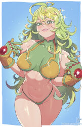 1girl boku_no_hero_academia breasts covered_erect_nipples deku&#039;s_photo_of_hagakure_toru gloves green_gloves green_hair green_panties hagakure_toru highres kajin_(kajinman) large_breasts looking_at_viewer messy_hair official_alternate_costume panties pink_streaks pointing pointing_at_self solo two-tone_gloves underwear