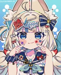 Rule 34 | 1girl, ahoge, animal ear fluff, animal ears, blonde hair, blue background, blue eyes, blue hair, blue nails, blue sailor collar, blush stickers, cat ears, closed mouth, commentary, fins, fish girl, fish skeleton hair ornament, fish tail, frilled sailor collar, frills, hands up, highres, indie virtual youtuber, kaniki (sameko saba), lifebuoy hair ornament, long hair, looking at viewer, low twintails, multicolored hair, nail polish, notamaru 2, one side up, outline, sailor collar, sameko saba, shirt, smile, solo, streaked hair, tail, twintails, twitter username, upper body, virtual youtuber, white outline, white shirt