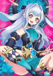 1girl animal_ears black_sleeves blue_dress boots breasts collarbone detached_sleeves dress duel_monster gold_thighlet grey_hair hair_ornament hat holding holding_key holding_weapon key long_hair long_sleeves looking_at_viewer maliss_&lt;p&gt;_march_hare noppe off-shoulder_dress off_shoulder open_mouth pink_background pink_eyes rabbit_ears rabbit_girl short_dress sitting smile solo spade_(shape) spade_tattoo tattoo teeth thighs upper_teeth_only weapon yu-gi-oh!