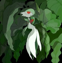 bob_cut colored_skin dress gardevoir gen_3_pokemon green_hair green_skin hair_over_one_eye highres leaf multicolored_skin nintendo ooo_deen pokemon pokemon_(creature) red_eyes two-tone_skin white_dress white_skin