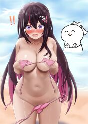 Rule 34 | !, !!, 1girl, azki (hololive), bikini, black hair, blood, blush, breast slip, breasts, colored inner hair, commentary request, embarrassed, female pubic hair, hair ornament, highres, hololive, large breasts, multicolored hair, navel, nosebleed, open mouth, outdoors, pink bikini, pink hair, pubic hair, purple eyes, solo, stomach, swimsuit, tomohiro (duo), two-tone hair, virtual youtuber