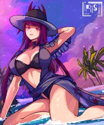 1girl bare_shoulders beach black_hat breasts casual_one-piece_swimsuit cleavage clothing_cutout dress_swimsuit fire_emblem fire_emblem_engage fire_emblem_heroes flower hat highres irisl ivy_(fire_emblem) ivy_(summer)_(fire_emblem) large_breasts long_hair looking_at_viewer mole mole_on_cheek mole_under_mouth navel nintendo official_alternate_costume one-piece_swimsuit purple_eyes purple_hair solo stomach stomach_cutout swimsuit water