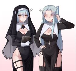 2girls ? absurdres alternate_costume angela_(project_moon) ascot black_ascot black_dress black_thighhighs black_veil blue_hair book breasts cleavage cleavage_cutout closed_mouth clothing_cutout dress highres holding holding_book jjong_(7_jjong_9) juliet_sleeves large_breasts library_of_ruina lobotomy_corporation long_hair long_sleeves looking_at_another multiple_girls nun one_eye_closed one_side_up parted_bangs pink_background project_moon puffy_sleeves short_hair simple_background standing thighhighs upper_body veil yellow_eyes