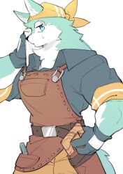 1boy adler_(cuisineer) animal_ears bandana blue_eyes blue_gloves blue_shirt commentary cuisineer english_commentary furry furry_male gloves holding holding_towel leather_apron looking_at_viewer male_focus muscular muscular_male profile saw scar scar_across_eye scar_on_face screwdriver shirt shoko_contane sweatdrop tail towel white_background wiping_face wolf_boy wolf_ears wolf_tail yellow_bandana