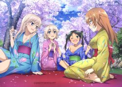 Rule 34 | 4girls, absurdres, bare shoulders, black hair, blonde hair, blue kimono, breasts, charlotte e. yeager, cherry blossoms, cloud, day, falling petals, francesca lucchini, glass, green kimono, hanna-justina marseille, highres, holding, japanese clothes, kimono, large breasts, long hair, looking at another, multiple girls, nature, obi, official art, one eye closed, open mouth, orange hair, outdoors, petals, pink kimono, pink petals, raisa pottgen, sash, short hair, sitting, smile, strike witches, tree, twintails, witches of africa, world witches series