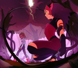 2girls adora_(she-ra) animal_ears black_gloves brown_hair cat_ears cat_tail catra gloves highres karohujiwtf looking_at_another masters_of_the_universe multiple_girls ponytail serious she-ra_and_the_princesses_of_power smile squatting sword tail toeless_legwear tree bad_tag weapon whip