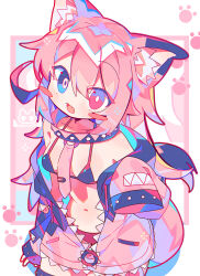 1girl absurdres animal_ear_fluff animal_ears artist_logo bikini blue_eyes blush_stickers breasts bright_pupils chromatic_aberration collarbone commentary_request cowboy_shot eyes_visible_through_hair fang heterochromia highres jacket jacket_partially_removed logo long_hair navel necktie open_mouth original pink_hair pink_jacket pink_necktie red_eyes skin_fang sleeves_past_fingers sleeves_past_wrists small_breasts smile solo swimsuit tail tie_clip uenomigi white_pupils