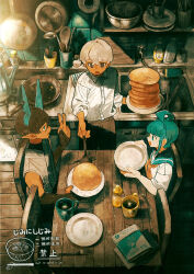 1girl 2boys ahoge aqua_eyes aqua_hair aqua_sailor_collar book braid brown_eyes brown_hair brown_pants cabinet chair coffee coffee_mug collared_shirt commentary_request cooking_pot crossed_bangs cup dress_shirt faucet finger_counting fingernails food fork from_above frying_pan highres holding holding_food holding_plate holding_spatula honey horns jimini_shijimi kettle kitchen ladle long_hair long_sleeves mixing_bowl mug multiple_boys neckerchief open_mouth orange_neckerchief original pancake pancake_stack pants plate pointy_ears sailor_collar school_uniform shirt short_hair short_sleeves sidelocks sink sitting sleeveless sleeveless_shirt sleeves_rolled_up spatula sponge spoon standing stove table talking tile_wall tiles water whisk white_hair white_shirt wooden_chair wooden_floor wooden_spoon wooden_table