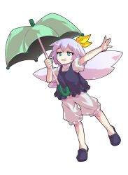1girl alphes_(style) blue_eyes blue_shoes blue_vest commentary_request commission dairi fairy_wings full_body green_umbrella grey_hair holding holding_umbrella large_variant_set open_mouth outstretched_arm parody rain_fairy ribbon shirt shoes short_hair short_sleeves shorts skeb_commission smile solo style_parody tachi-e touhou transparent_background umbrella variant_set vest white_shirt white_shorts wings yellow_ribbon