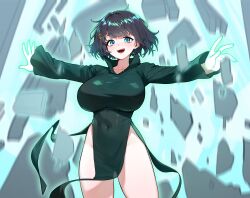 1girl absurdres black_hair blue_eyes breasts commentary_request cosplay covered_navel cowboy_shot dress green_dress hair_ornament heart heart_hair_ornament high_collar highres impossible_clothes impossible_dress korean_commentary large_breasts long_sleeves looking_at_viewer no_panties one-punch_man open_mouth outstretched_arms pelvic_curtain sangobob shirayuki_hina short_hair smile solo standing stellive tatsumaki tatsumaki_(cosplay) telekinesis thighs virtual_youtuber