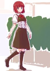 00s 1girl alternate_costume black_skirt blue_eyes boots bow corset female_focus full_body hisui_(tsukihime) knee_boots long_skirt orz_(orz57) puffy_sleeves red_hair school_uniform short_hair skirt solo tsukihime walking