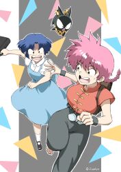 Rule 34 | 2girls, angry, animal print, black pants, black shoes, black wrist cuffs, blue dress, blue hair, braid, breasts, briefcase, chinese clothes, collared shirt, dress, furrowed brow, genderswap, genderswap (mtf), hair between eyes, highres, holding, holding briefcase, large breasts, leopard print, mary janes, medium breasts, multiple girls, neckerchief, open mouth, p-chan, pants, parted bangs, pink hair, print neckerchief, puffy short sleeves, puffy sleeves, ranma-chan, ranma 1/2, red shirt, shirt, shirt under dress, shoes, short hair, short hair with long locks, short sleeves, shouting, single braid, socks, spiked hair, sweatdrop, tendou akane, twintails, white shirt, white socks, wrist cuffs, zupakyo