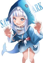 1girl animal_costume animal_hood blue_eyes blue_hair blue_nails claw_pose fins fish_tail gawr_gura gawr_gura_(1st_costume) highres hololive hololive_english hood looking_at_viewer medium_hair multicolored_hair nail_polish nohohon_neko open_mouth shark_costume shark_girl shark_hood shark_tail sidelocks smile solo streaked_hair tail teeth upper_teeth_only virtual_youtuber white_hair