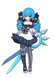 1girl bare_shoulders black_bow black_dress blue_eyes blue_hair blush bow collarbone commentary_request detached_sleeves dress drill_hair gwen_(league_of_legends) hair_bow highres holding holding_scissors league_of_legends long_hair oversized_object pantyhose pelicana plaid_pantyhose puffy_short_sleeves puffy_sleeves scissors shoes short_sleeves simple_background solo striped_clothes striped_pantyhose twin_drills twintails white_dress white_shoes