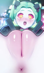 1girl absurdres anus aqua_hair aqua_pubic_hair artificial_eye black_jacket blurry blurry_background blush cleft_of_venus colored_pubic_hair colored_sclera colored_skin cyberpunk_(series) cyberpunk_edgerunners female_pubic_hair green_eyes green_hair highres jacket looking_at_viewer mechanical_eye merrytail nose_blush open_mouth pubic_hair pussy rebecca_(cyberpunk) red_sclera short_hair solo teeth tongue twintails uncensored upper_teeth_only white_skin