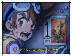 1999 1boy agnimon anger_vein august brown_eyes brown_hair calendar_(object) child commentary derivative_work digimon digimon_adventure digimon_adventure_v-tamer_01 digimon_tamers digimon_universe:_appli_monsters door english_commentary english_text goggles goggles_on_head kaninchenbau light_blush looking_back male_focus matsuda_takato open_mouth portrait screenshot_redraw shinkai_haru signature sweat yagami_taichi