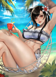 1girl absurdres arialla_draws arm_up ass beach bikini black_hair blue_sky breasts cloud cocktail_glass cup day drinking_glass drinking_straw final_fantasy final_fantasy_vii final_fantasy_vii_rebirth final_fantasy_vii_remake flower hair_flower hair_ornament hammock highres large_breasts ocean outdoors parted_lips red_eyes sky solo swimsuit thighs tifa_lockhart tifa_lockhart_(shining_spirit)