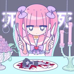 1girl bandaged_arm bandages blood blood_on_plate blunt_bangs bow candle chair closed_mouth death expressionless ezaki_bisuko flower fork hexagram holding holding_fork holding_knife jewelry knife looking_at_another menhera-chan_(ezaki_bisuko) menhera-chan_(ezaki_bisuko)_(character) necklace noose pill pink_hair pink_sailor_collar plate purple_bow sailor_collar self-harm_scar short_twintails sidelocks sitting solo star_of_david text_background twintails utensil yami_kawaii