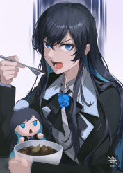 1girl 2025 ado_(utaite) angry artist_logo black_bow black_bowtie black_hair black_jacket blue_eyes blue_flower blue_hair blue_rose bow bowl bowtie chando_(ado) character_doll colored_inner_hair flower food formal_clothes grey_shirt highres hiroki_ree holding holding_bowl holding_food holding_spoon jacket logo long_hair long_sleeves looking_at_viewer multicolored_hair real_life rose shirt solo spoon two-tone_hair