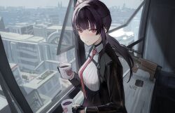 1girl black_gloves black_jacket blush breasts building bullpup chinese_commentary commentary cup english_commentary girls&#039;_frontline girls&#039;_frontline_2:_exilium gloves gun highres holding holding_cup indoors jacket long_hair looking_at_viewer magazine_(weapon) makiatto_(girls&#039;_frontline_2) mixed-language_commentary necktie open_mouth partially_fingerless_gloves purple_hair red_eyes red_necktie rifle rifle_cartridge shenme_niao_mingzi sniper_rifle solo wa2000_(girls&#039;_frontline) walther walther_wa_2000 weapon white_mouth