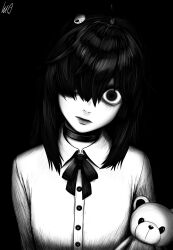 1girl absurdres black_background black_choker black_eyes black_hair black_lips black_ribbon choker commentary creepy creepy_mita_(miside) english_commentary hair_over_one_eye head_tilt highres looking_at_viewer lughost medium_hair miside mita_(miside) monochrome ribbon shirt signature solo stuffed_animal stuffed_toy teddy_bear white_shirt