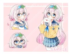 Rule 34 | 1girl, absurdres, blue eyes, blue hairband, blue neckerchief, blue sailor collar, blue skirt, blush, border, bow, cardigan, chibi, chibi inset, closed mouth, commission, cowboy shot, envelope, falling petals, frilled hairband, frilled sailor collar, frills, glasses, gradient hair, hair bow, hairband, highres, holding, holding envelope, letter, light smile, long hair, long sleeves, looking at viewer, love letter, mint, mint hair ornament, multicolored hair, multiple views, neckerchief, open cardigan, open clothes, original, outline, pantyhose, petals, pink background, pink bow, pink hair, pink outline, pink petals, plaid clothes, plaid skirt, sailor collar, sample watermark, simple background, skirt, tian yang, twintails, two-tone hair, upper body, very long hair, watermark, watermark grid, white border, white hair, white outline, white pantyhose, yellow cardigan