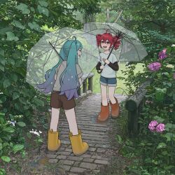 Rule 34 | 2girls, :d, ahoge, alternate costume, anchannnnnn, blue shorts, blush, boots, brown boots, brown shorts, closed eyes, commentary request, drill hair, film grain, flower, hair between eyes, hatsune miku, highres, holding, holding umbrella, kasane teto, kasane teto (sv), laughing, long hair, long sleeves, looking at another, multiple girls, open mouth, outdoors, pink flower, pink rose, puddle, red eyes, red hair, rose, rubber boots, shirt, short sleeves, shorts, smile, synthesizer v, transparent, transparent umbrella, tree, twin drills, twintails, two-tone shirt, umbrella, utau, vocaloid, yellow boots
