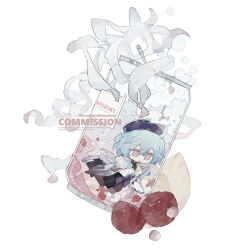 1boy absurdres arknights beret blue_eyes chibi cloak english_text food fruit hair_between_eyes hat highres infection_monitor_(arknights) jellyfish male_focus monota02 neckerchief shirt short_hair_with_long_locks solo strawberry trap white_background white_cloak
