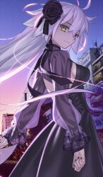 Rule 34 | 1girl, ahoge, black dress, black nails, breasts, closed mouth, commentary request, cowboy shot, dress, earrings, fate/grand order, fate (series), fingernails, floating hair, flower, from side, game cg, hair flower, hair ornament, jeanne d&#039;arc alter (fate), jeanne d&#039;arc alter (over the same sky) (fate), jewelry, long hair, long sleeves, looking at viewer, looking back, official art, outdoors, photo background, purple flower, purple shrug, sideboob, sky, smile, solo, third-party source, yellow eyes