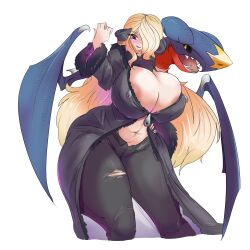 absurdres areola_slip black_coat black_pants blonde_hair breasts cleavage clothing_cutout coat cynthia_(pokemon) fur_collar fur_trim garchomp gen_4_pokemon glowing greenm grin hair_ornament hand_on_own_hip hand_up highres huge_breasts long_hair navel navel_cutout nintendo pants pokemon pokemon_(creature) pokemon_dppt purple_eyes smile torn_clothes torn_pants