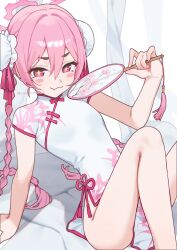 1girl blue_archive blush braid breasts china_dress chinese_clothes closed_mouth double_bun dress hair_bun halo highres holding koyuki_(blue_archive) long_hair pink_eyes pink_hair pink_halo simple_background sitting smile twin_braids yumeme_818
