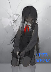 1girl absurdres aged_down angelia_(girls&#039;_frontline) black_dress black_hair blueblossom brown_eyes bullet_hole collared_shirt commentary dress english_commentary english_text girls&#039;_frontline gun hair_over_one_eye handgun highres holding holding_gun holding_weapon kneeling long_hair mp-443_grach neckerchief red_neckerchief shirt solo very_long_hair weapon white_shirt
