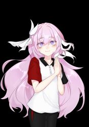1girl alternate_costume black_background black_pants commentary commentary_request diamond-shaped_pupils diamond_(shape) elysia_(herrscher_of_human:_ego)_(honkai_impact) elysia_(honkai_impact) english_commentary hair_ornament highres honkai_(series) honkai_impact_3rd long_hair mixed-language_commentary multicolored_shirt newroute_ir own_hands_together pants pink_hair purple_eyes smile solo symbol-shaped_pupils very_long_hair