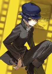 Rule 34 | 1girl, androgynous, black jacket, black pants, black shoes, blue eyes, blue hair, blue hat, newsboy cap, crossdressing, feet out of frame, film reel, full body, gakuran, glasses, hat, highres, houndstooth, jacket, knee up, leg up, long sleeves, meameeea, pale skin, pants, persona, persona 4, prsnmea, reverse trap, school uniform, shirogane naoto, shoes, short hair, solo, yasogami school uniform, yellow background